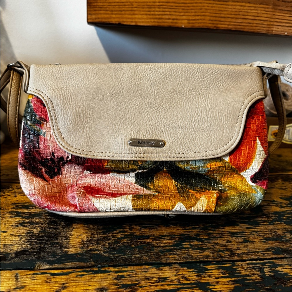 Beige and Multicolor Flower Crossbody Bag